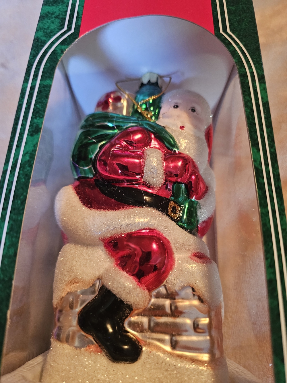 Glittering Santa Ornament in Red, Green & White - Holiday Tree Accent